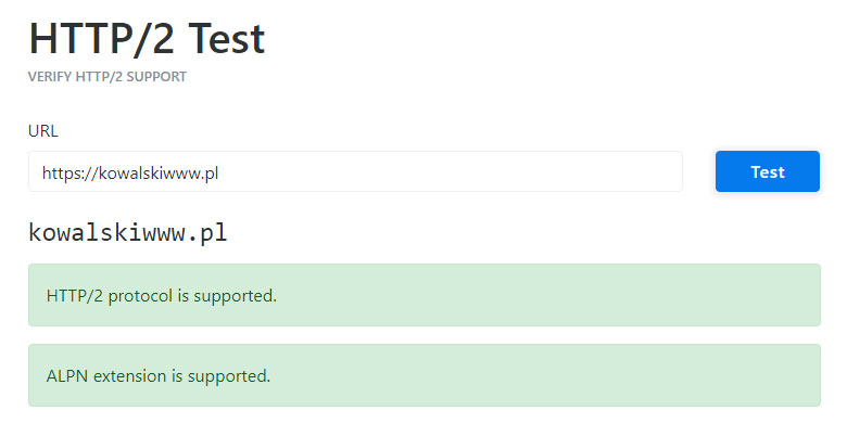 sprawdzenie obsługi protokołu http2 na stronie internetowe za pomocą narzędzia HTTP/2 Test
